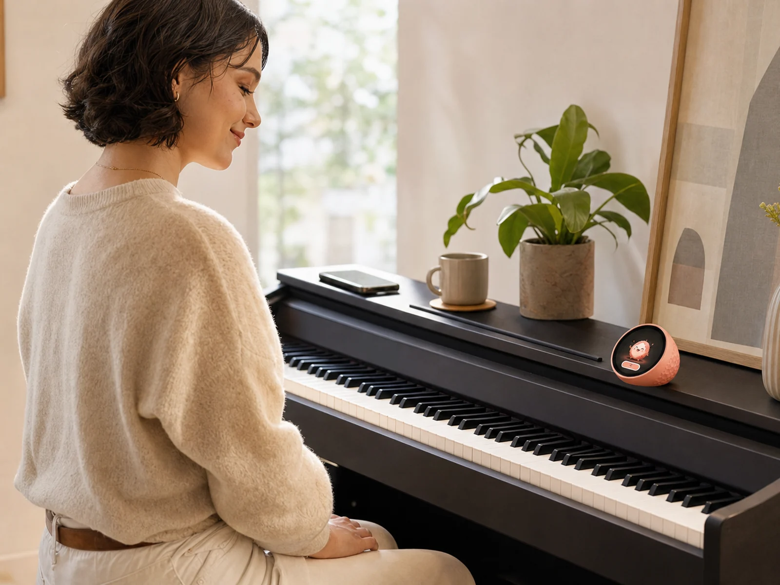 A woman sitting down at her piano, Keetchi awake on the lid