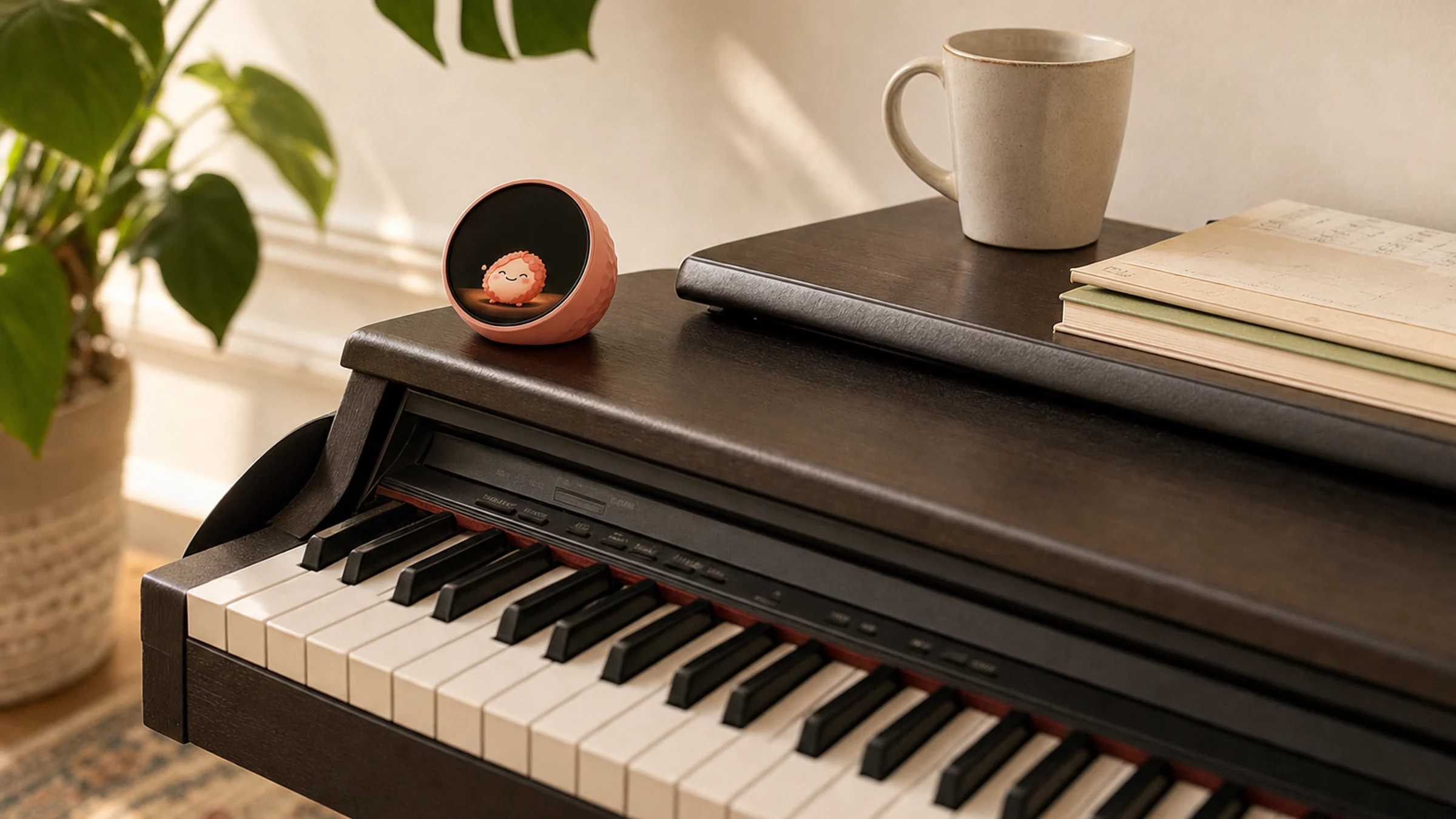 A well-loved digital piano in a sunlit room, a tiny Keetchi on top
